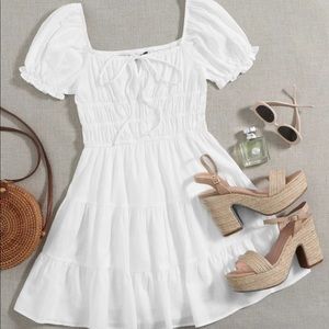 Tie Neck Ruched Bust Tiered Dress